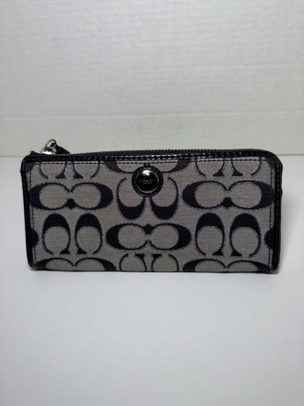 Coach Signature Jacquard Zip Wallet in Black and Gray